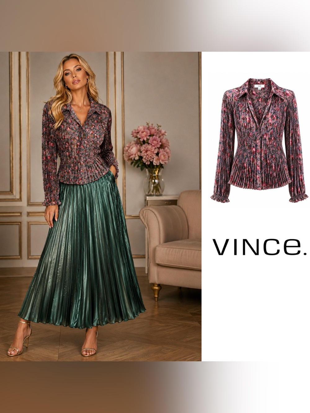 NEW Vince Berry Blooms Pleated Blouse In Petal Quartz